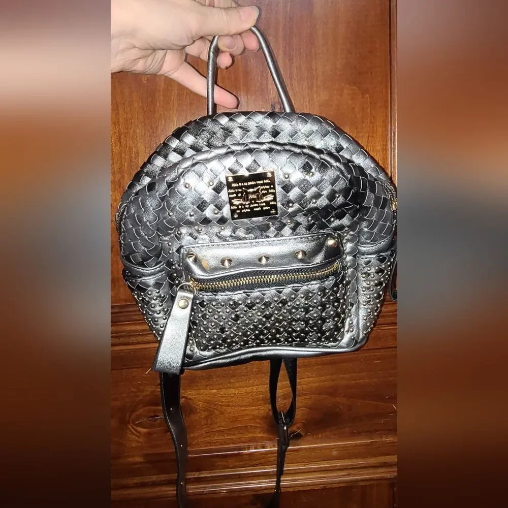 Vintage MCM Dupe Stylish Silver Studded Woven Gold Backpack Purse Bag